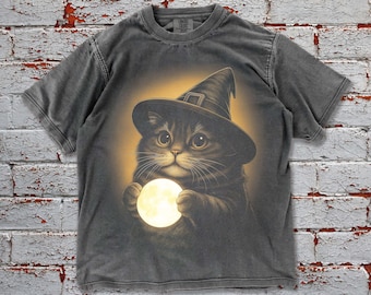 Witch Cat Moon Comfort Colors Shirt: Retro Gothic Halloween Tee