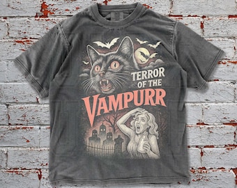 Vampurr Cat Tee, Vintage Retro Comfort Colors Horror Graphic Tee, Baggy Washed Funny Halloween Gift