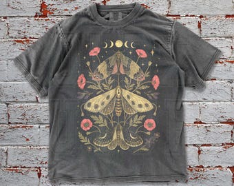 Vintage Oversized Comfort Colors Moth Moon Shirt, Washed Boho Gothic Nature Tee,