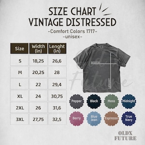 Puede incluir: Tabla de tallas para camisetas unisex vintage desgastadas. La tabla incluye medidas en pulgadas para las tallas S a 3XL. Los colores incluyen pimienta, negro, musgo, medianoche, baya, azul vaquero, espresso y azul marino.