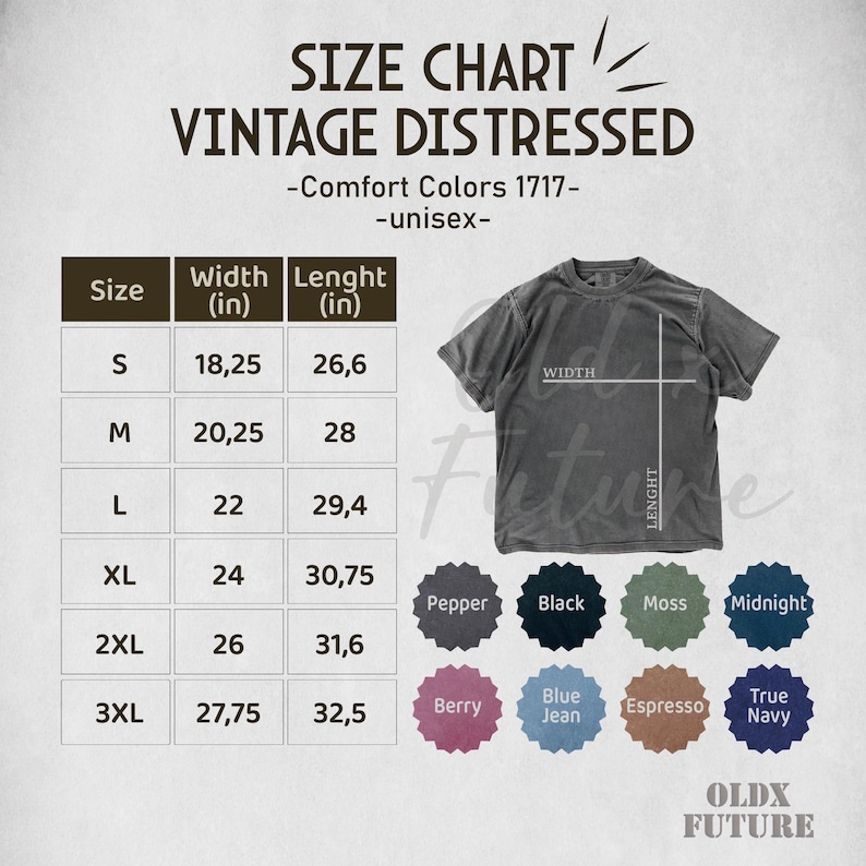Puede incluir: Tabla de tallas para camisetas unisex vintage desgastadas. La tabla incluye medidas en pulgadas para las tallas S a 3XL. Los colores incluyen pimienta, negro, musgo, medianoche, baya, azul vaquero, espresso y azul marino.