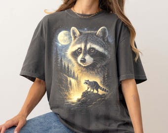 Moonlight Raccoon Shirt, Vintage Forest Wildlife Graphic Tee, Night Nature Waterfall Raccoon Tee, Oversized Comfort Colors Gift