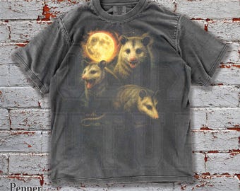 Camiseta unisex vintage con estampado de zarigüeya y luna, colores cómodos, divertida camiseta grunge de gran tamaño con animales