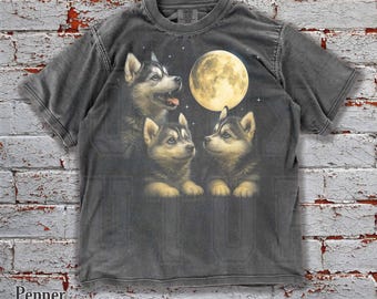 Vintage Husky Moon Comfort Colors Tee, Retro Dog Graphic Shirt, Oversized Washed Unisex T-Shirt