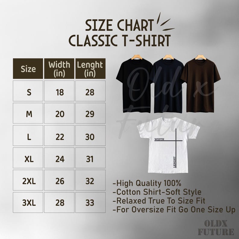 以下が含まれることがあります： クラシックTシャツのサイズチャート。インチ単位の測定値で、Sから3XLまでのサイズと、対応する幅と長さの測定値が含まれています。画像には、黒、ネイビー、茶色のTシャツも表示されています。