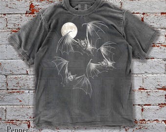 Vintage Bat Moon Shirt, Gothic Grunge Comfort Colors Tee, Retro Halloween Oversized T-Shirt
