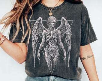 Dark Angel Skeleton Graphic Tee – Gothic Vintage Oversized Comfort Colors Shirt – Grunge Washed Retro Y2K Streetwear Gift