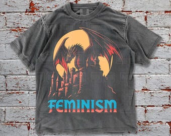 Vintage Oversized Comfort Colors Feminism Dragon Shirt, Washed Gothic Castle Tee,