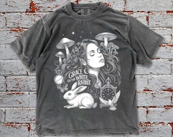 Vintage White Rabbit Oversized Comfort Colors Shirt, Gothic Alice in Wonderland Tee