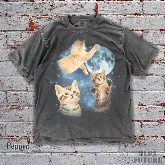 Vintage Moon Cat Shirt, Funny 90s Cat Graphic Tee, Oversized Washed Comfort Colors T-Shirt
