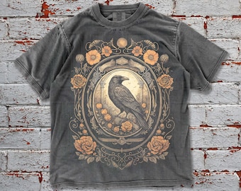 Gothic Raven Comfort Colors Tee: Retro Occult Moon Floral Shirt