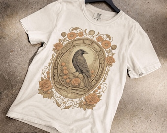 Gothic Raven Comfort Colors Tee, Vintage Occult Moon Floral Shirt