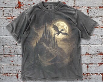 Vintage Oversized Dragon Castle Tee, Comfort Colors Gothic Moon Washed Retro Shirt