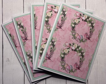 Vögel, Blumen, handgemachtes Set mit 5 Karten, Vogel im Kranz, Vogelnest mit Eiern