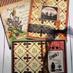 Feliz Halloween, conjunto assustador de 3 cartões feitos à mão, inspirado no vintage, em branco