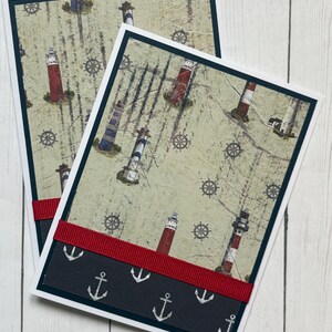 Faro, Náutico, Ancla, Juego de 2 Tarjetas Hechas a Mano, Hola, Pensando en Ti