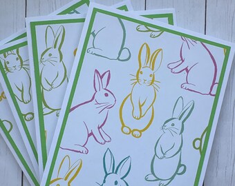 Vrolijk Pasen, kleurrijk konijntje, handgemaakte set van 4 kaarten