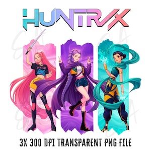 May include: Digital illustration featuring three anime-style characters with vibrant hair and clothing. The characters are set against colorful backgrounds and hold weapons or have magical effects. The text "HUNTRX" is at the top, and "3X 300 DPI TRANSPARENT PNG FILE" is at the bottom.