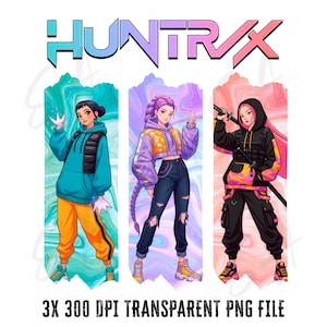 May include: Digital art featuring three stylized female figures in streetwear. The figures are set against colorful backgrounds and are wearing hoodies, jackets, and cargo pants. The text "HUNTRX" is at the top, and "3X 300 DPI TRANSPARENT PNG FILE" is at the bottom.