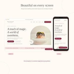 Può includere: Un modello di sito web che mostra una finestra del browser desktop e uno schermo di telefono cellulare per Maison Doucevelle Artisan Bakery. Il design presenta una torta con ganache al cioccolato, pulsanti rosso scuro e il testo A touch of magic.