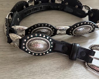 VTG Justin ceinture western concho en cuir noir Sz32 cowgirl bohème gravée en argent