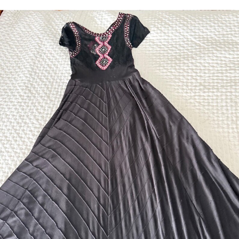 Rare Free People XS Black Lace Embellished Maxi Dress Boho Festival Open Back image 2
