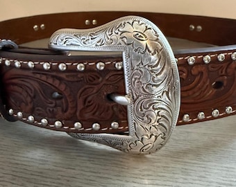 Nocona Western Leather Belt Studded Tooled Concho Buckle Brown Size 34