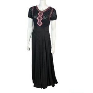 Rare Free People XS Black Lace Embellished Maxi Dress Boho Festival Open Back image 1