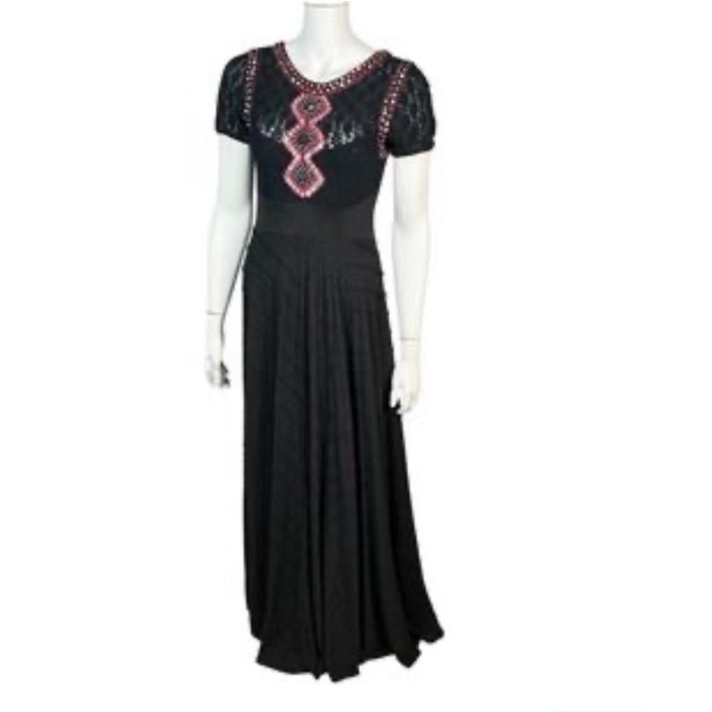 Rare Free People XS Black Lace Embellished Maxi Dress Boho Festival Open Back image 1