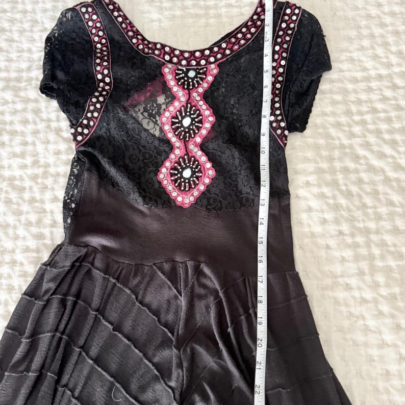 Rare Free People XS Black Lace Embellished Maxi Dress Boho Festival Open Back image 11