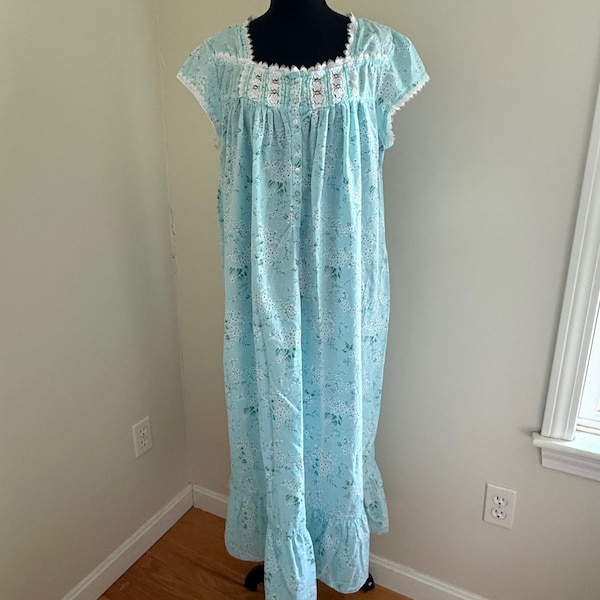 Eileen West Blue Floral Cotton Lace Trim Maxi Nightgown Cottagecore Sz Medium