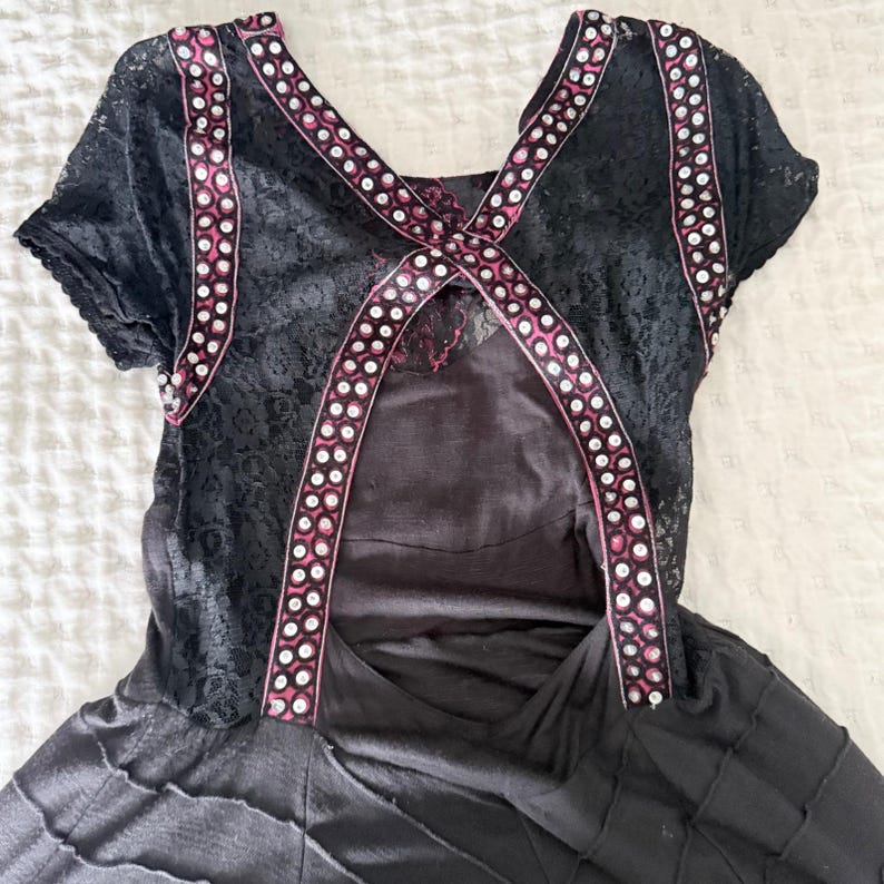 Rare Free People XS Black Lace Embellished Maxi Dress Boho Festival Open Back image 9