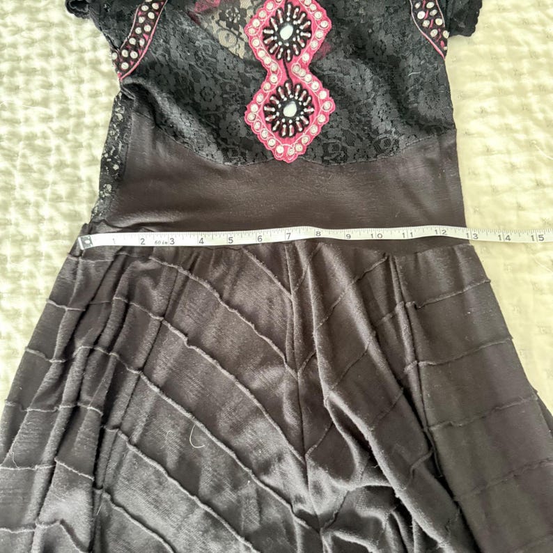 Rare Free People XS Black Lace Embellished Maxi Dress Boho Festival Open Back image 13