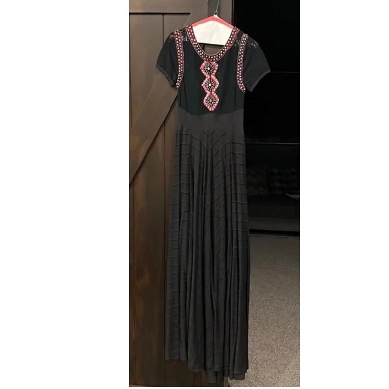 Rare Free People XS Black Lace Embellished Maxi Dress Boho Festival Open Back image 16