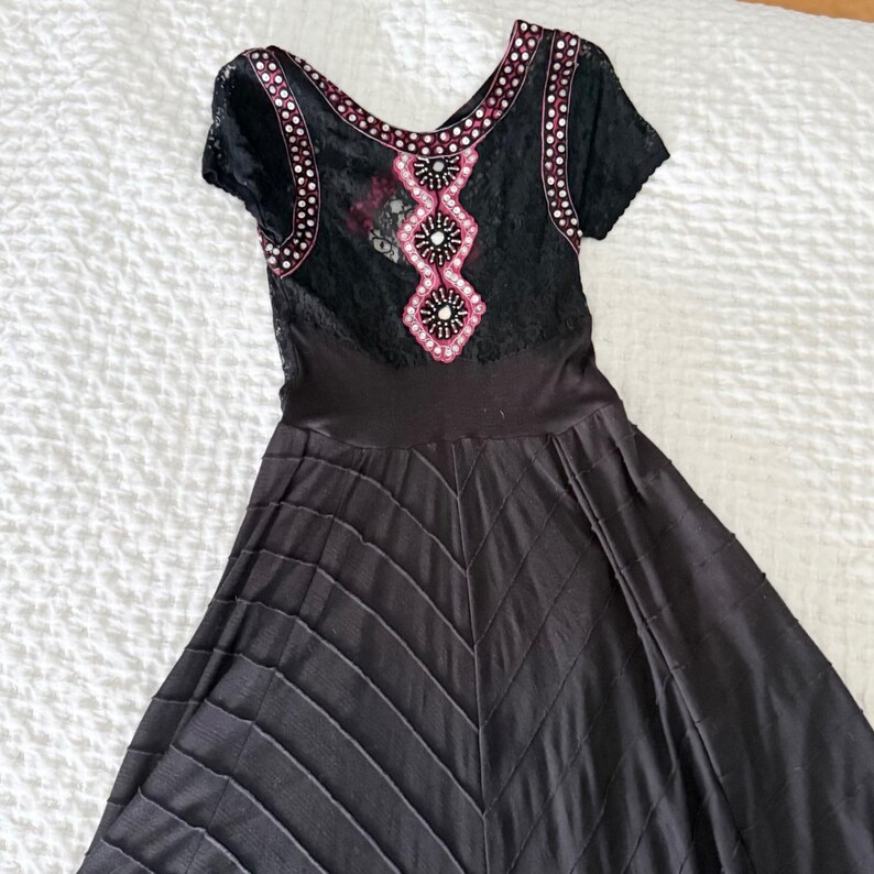 Rare Free People XS Black Lace Embellished Maxi Dress Boho Festival Open Back image 3