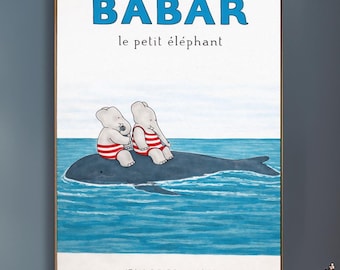 Póster de Babar y el paseo en ballena – Arte vintage francés para habitación infantil, decoración náutica para la pared de niños