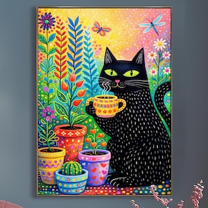 May include: A vibrant art print showcases a black cat enjoying a yellow cup, set against a backdrop of colourful flowers and potted plants. The artwork's whimsical style and bright, multi-coloured background create a cheerful and inviting atmosphere.