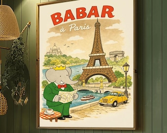 Babar in Paris Art Print – Vintage French Nursery Decor