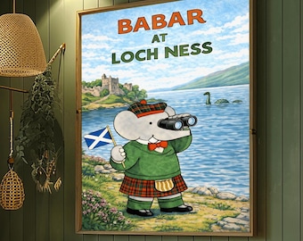 Babar at Loch Ness Poster - Scotland Travel Wall Art - Laurent de Brunhoff Style Illustration
