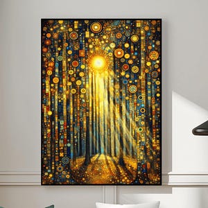 May include: A framed abstract art print featuring a vibrant, mosaic-like design. The artwork showcases a central light source with radiating beams, surrounded by a forest of geometric shapes in gold, blue, and orange hues. The print hangs above a yellow velvet sofa.