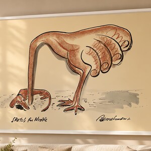 May include: A framed wall art print featuring a whimsical brown line drawing of a long-necked bird-like creature interacting with a small dog on a light beige background. The text "Sketches for Madeline" and a signature are visible at the bottom.