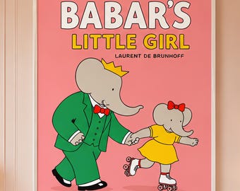 Babar Little Girl Roller Skating Poster -  Vintage Pink Kids Playroom Nursery Decor