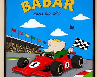 Babar the Elephant Race Car Winner French Print - Jean de Brunhoff  Racing Decor