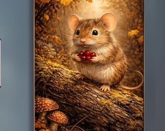 Forest Animal Art Print: Whimsical Mouse and Mushrooms (Cottagecore)