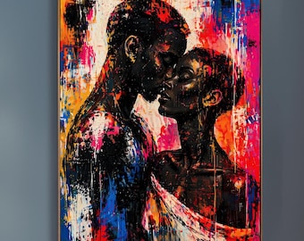 Moderne afrozentrische schwarze Liebe Kunstdruck - Lebendige Umarmung Paar Illustration