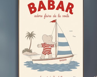 Zeilposter Babar de olifant - retro wanddecoratie nautische kinderkamer uit het midden van de eeuw