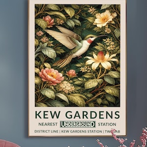 William Morris Kew Gardens Bird Poster - Ruby-Throated Hummingbird & Peonies