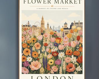 London Flower Market Vintage Skyline Exhibition Poster - Pastel Botanical Meadow Art