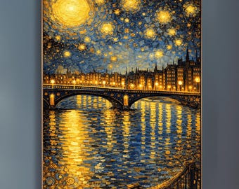 Gustav Klimt Style Night Cityscape Art Print - Golden Bridge over River Poster