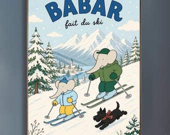 Babar the Elephant Scottie Dog Skiing Art Print - Vintage French Alpine Nursery Decor